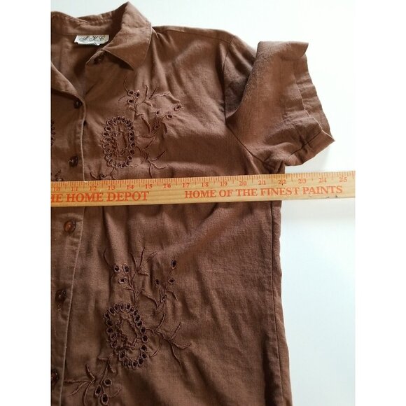 AKC Womens XL Top Capri Pants Suit Set Linen Blend Embroidered Cut Work Brown - Picture 9 of 13